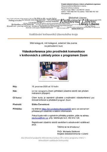 Plakát Videokonference jako prostředek komunikace v knihovnách, základy práce s programem Zoom