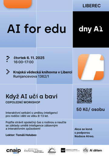 Plakát Dny AI - Když AI učí a baví. Workshop pro rodiče s dětmi