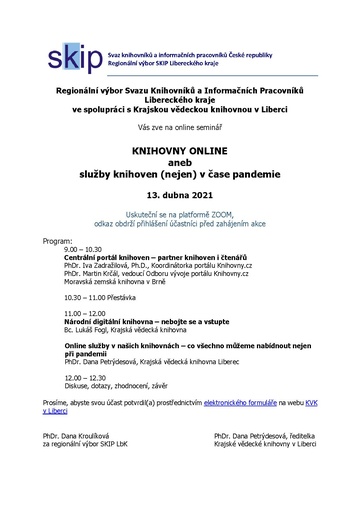 Plakát Knihovny online aneb služby knihoven (nejen) v čase pandemie