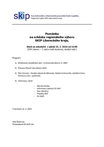 Plakát Jednání regionálního výboru SKIP Libereckého kraje
