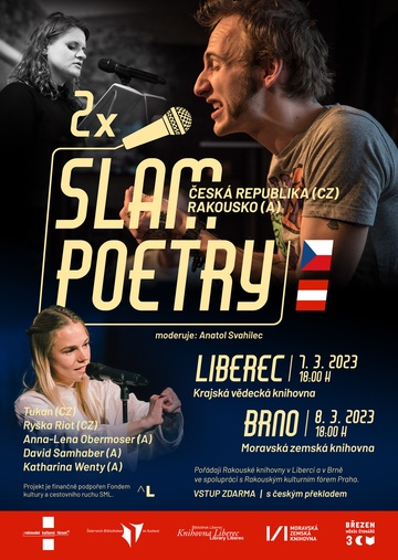 Plakát Mezinárodní exhibice SLAMPOETRY: Rakousko vs. Česká republika (BMČ)