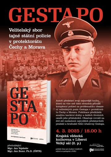 Plakát Představení knihy Gestapo. Velitelský sbor tajné státní policie v protektorátu Čechy a Morava